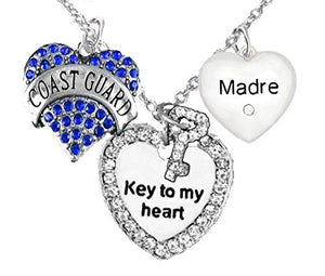 Coast Guard Madre, "Key to My Heart", "Crystal Madre" Heart Charm Necklace, Adjustable, Safe