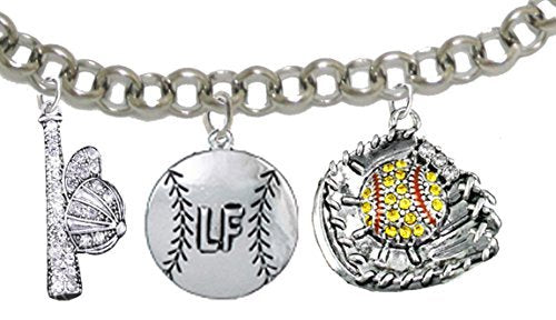 Softball, Left Field, Crystal Glove, Bat, Cap Adjustable Bracelet, Safe - Nickel & Lead Free