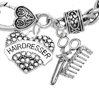 Hair Dresser Crystal Heart, Comb & Scissors Bracelet, Safe - Nickel & Lead Free