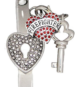 Firefighter, "The Key to My Heart" Cuff Crystal Bracelet, "It Really Locks!" Safe Nickel & Lead Free