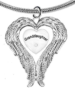 Guardian Angel, Heart (Love) Shaped Wings, "Granddaughter" Crystal Necklace - Nickel & Lead Free