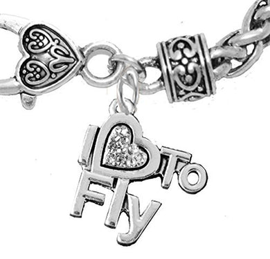 I Love to Fly, Hypoallergenic Genuine Crystal, Wheat Chain Charm Bracelet, Nickel & Lead Free