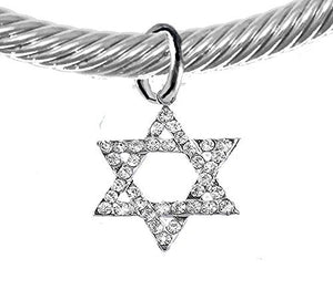 Jewish Crystal Star of David On a Silver Cable Adjustable Cuff Bracelet, Safe - Nickel & Lead Free