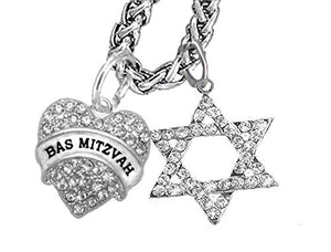 Jewish "Bas Mitzvah" Crystal Heart, And A Crystal Star of David, Wheat Chain Necklace, Safe