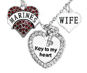 Marine Wife, "Key to My Heart", "Wife" Heart Charm Necklace, Hypoallergenic - Nickel & Lead Free