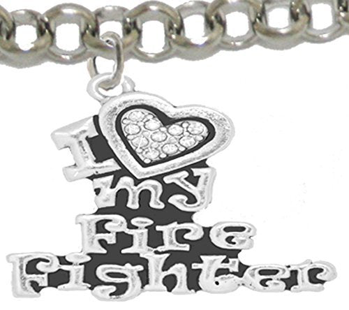 Firefighter, I Love My Firefighter, Genuine Crystal, Adjustable Bracelet - Safe, Nickel & Lead Free