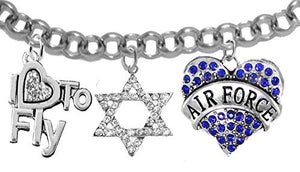 Air Force, "I Love to Fly", Crystal Star of David, Adjustable Bracelet - Safe, Nickel & Lead Free