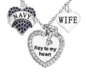 Navy Wife, "Key to My Heart", "Wife" Heart Charm Necklace, Hypoallergenic, Safe - Nickel & Lead Free