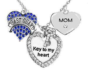 Coast Guard "Mom", "Key to My Heart", "Crystal Mom" Heart Charm Necklace, Safe - Nickel Free