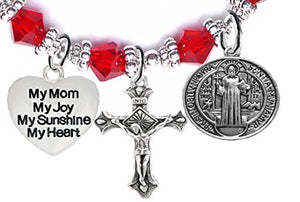 Saint Benedict Charm, My Mom, My Joy, My Sunshine, My Heart, And Prayer Red Crystal Bracelet