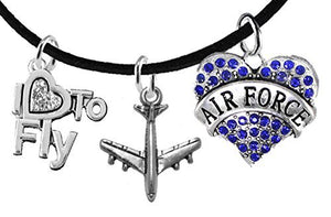 Air Force" "I Love to Fly" Genuine Crystal, Air Force Charm & Jet Plane, Black Suede Bracelet