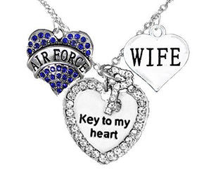 Air Force Wife, "Key to My Heart", "Wife" Heart Necklace, Hypoallergenic, Safe - Nickel & Lead Free