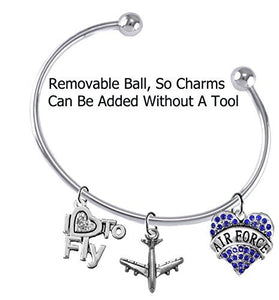 Air Force" "I Love to Fly" Genuine Crystal, Air Force Charm & Jet Plane, Removable Ball Bracelet