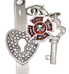 Firefighter's "Mom", "The Key to My Heart" Cuff Crystal Bracelet, "It Really Locks!" Nickel Free