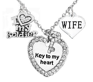 Army Wife Genuine Crystal, "Key to My Heart" &" I Love My Soldier", Adjustable, Safe - Nickel Free