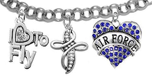 Air Force, "I Love to Fly", Genuine Crystal, Beautiful Crystal Cross, Bracelet, Nickel & Lead Free