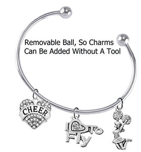 Cheer Crystal Heart, Crystal "I Love to Fly", Jumping Cheerleader, Removable Ball Charm Bracelet