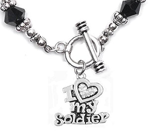 Army, "I Love My Soldier", Black Crystal Bracelet Hypoallergenic, Safe - Nickel & Lead Free