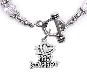Army, "I Love My Soldier", Clear Crystal Bracelet Hypoallergenic, Safe - Nickel & Lead Free