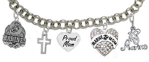 Proud Marine "Mom" Heart Bracelet, Will NOT Irritate Sensitive Skin. Safe - Nickel & Lead Free