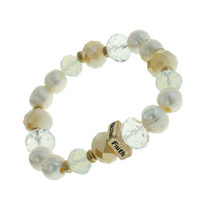 Pearl, Glass And Earth-tone Beaded Stretch Bracelet "Faith" "Hope" "Love" "Blessed" On Gold-toned Accent