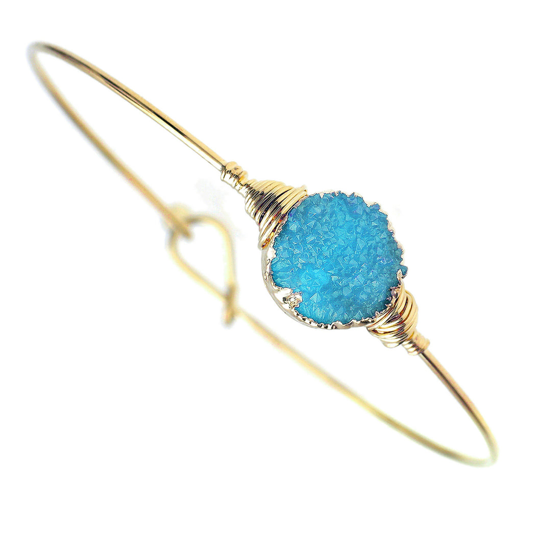 Turquoise Faux Geode Crystal Miracle Wire Bracelet Adjustable Gold Tone Wire With Ball And Hook Clasp