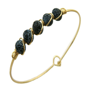 Black Marble Oval Stone Set On Adjustable Gold-tone Miracle Wire Ball And Hook Clasped Bracelet