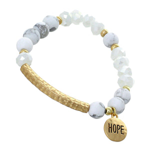 White, Glass And White Marble Mini Beaded Stretch Bracelet "Hope" On Textured Gold-toned Round Accent