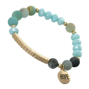 Sky Blue, Glass And Earth-tone Mini Beaded Stretch Bracelet "Hope" On Textured Gold-toned Round Accent