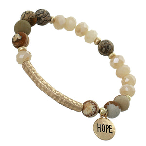 Earth-tone, Glass And Marble Mini Beaded Stretch Bracelet "Hope" On Textured Gold-toned Round Accent
