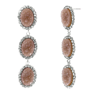 Dusty Rose Faux Geode Stone And Clear Crystal Accented Three Tiered Silver Tone Post Setting Fashion Earrings