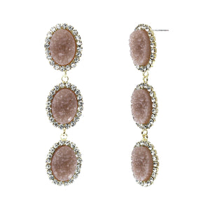 Dusty Rose Faux Geode Stone And Clear Crystal Accented Three Tiered Gold Tone Post Setting Fashion Earrings