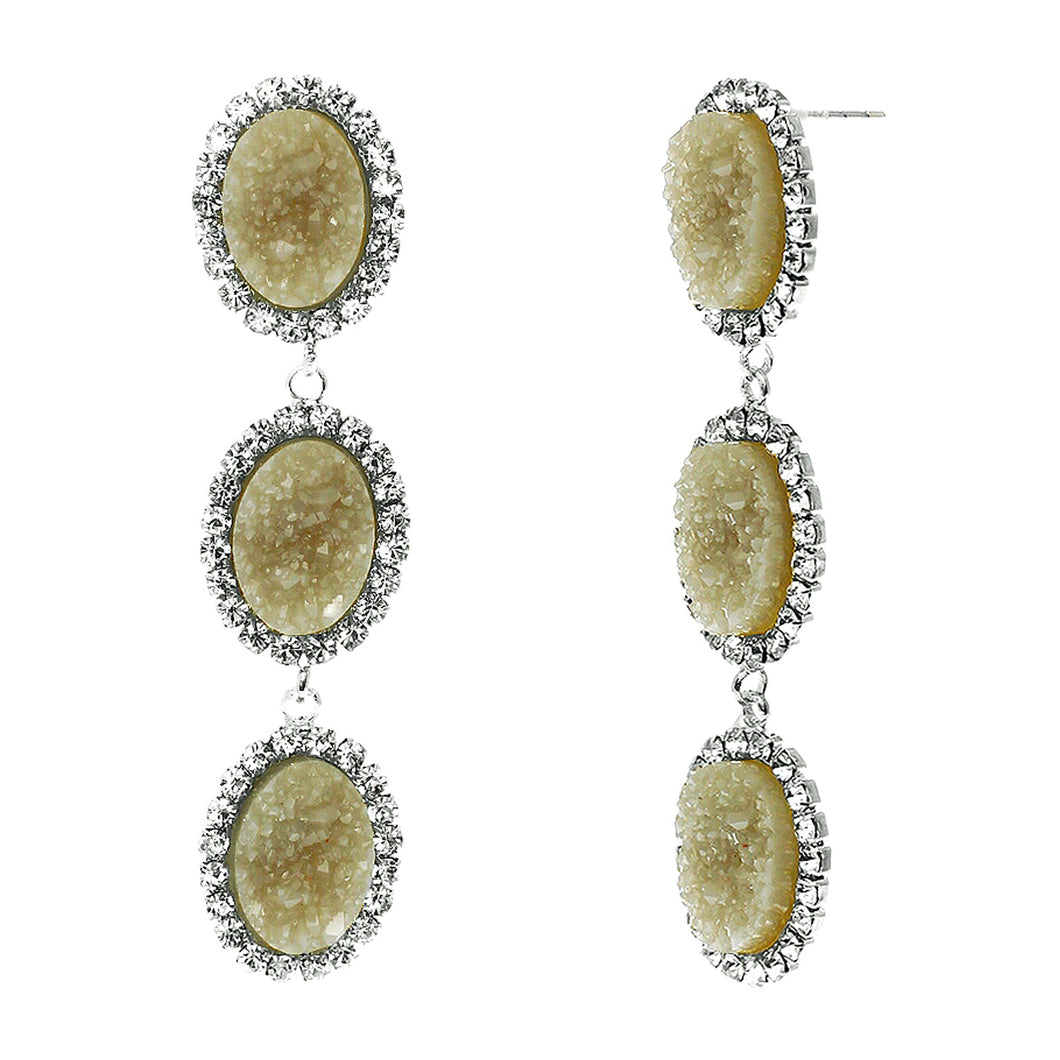 Dusky Amber Faux Geode Stone And Clear Crystal Accented Three Tiered Silver Tone Post Setting Fashion Earrings