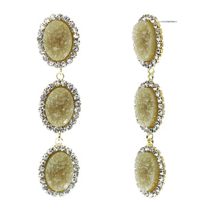 Dusky Amber Faux Geode Stone And Clear Crystal Accented Three Tiered Gold Tone Post Setting Fashion Earrings