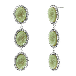 Jade Green Faux Geode Stone And Clear Crystal Accented Three Tiered Silver Tone Post Setting Fashion Earrings