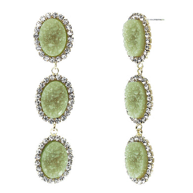 Jade Green Faux Geode Stone And Clear Crystal Accented Three Tiered Gold Tone Post Setting Fashion Earrings