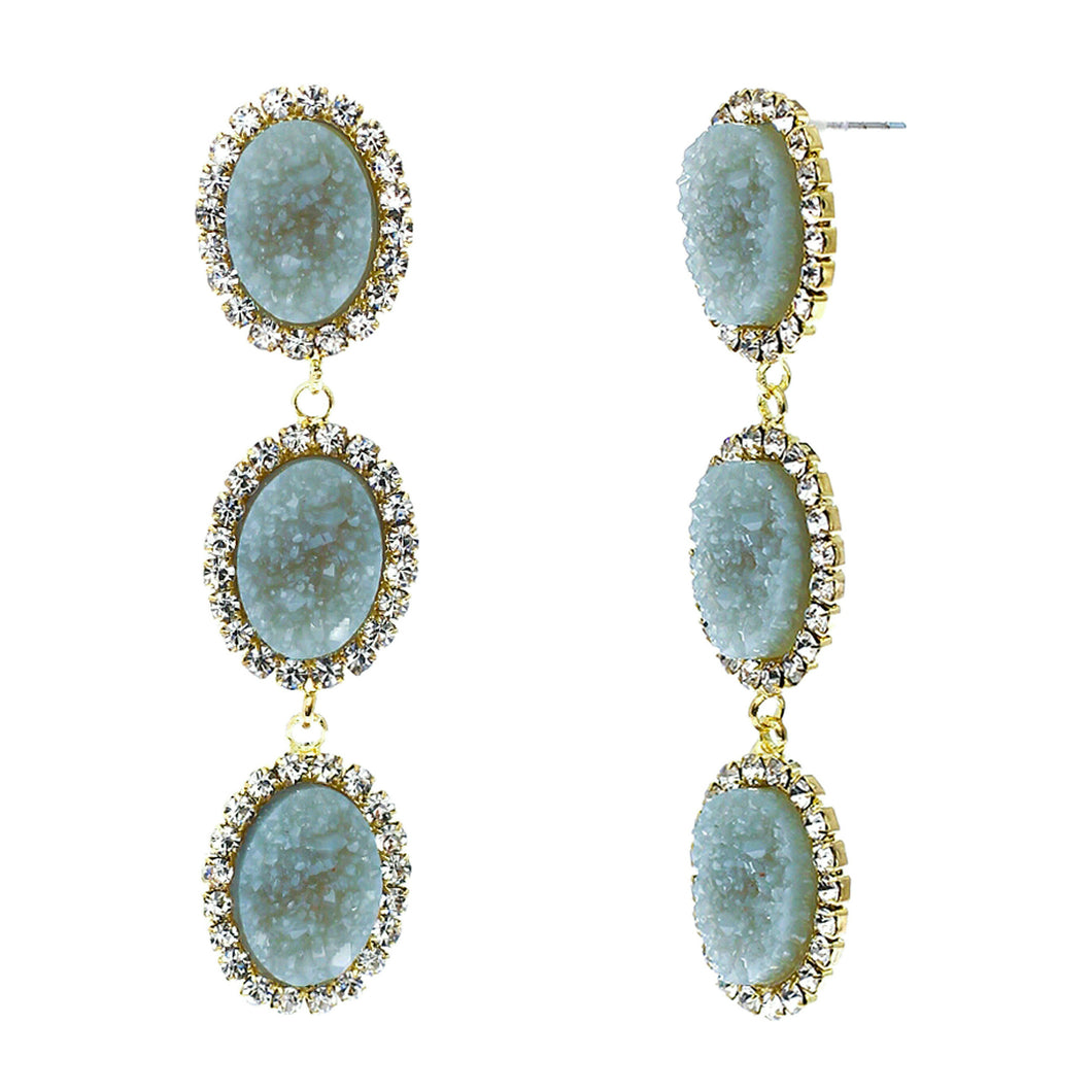 Slate Blue Faux Geode Stone And Clear Crystal Accented Three Tiered Gold Tone Post Setting Fashion Earrings