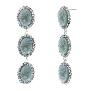 Slate Blue Faux Geode Stone And Clear Crystal Accented Three Tiered Silver Tone Post Setting Fashion Earrings