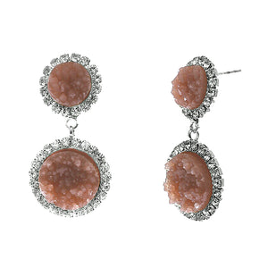 Dusty Rose Faux Geode Stone And Clear Crystal Accented Two Tiered Silver Tone Post Setting Fashion Earrings