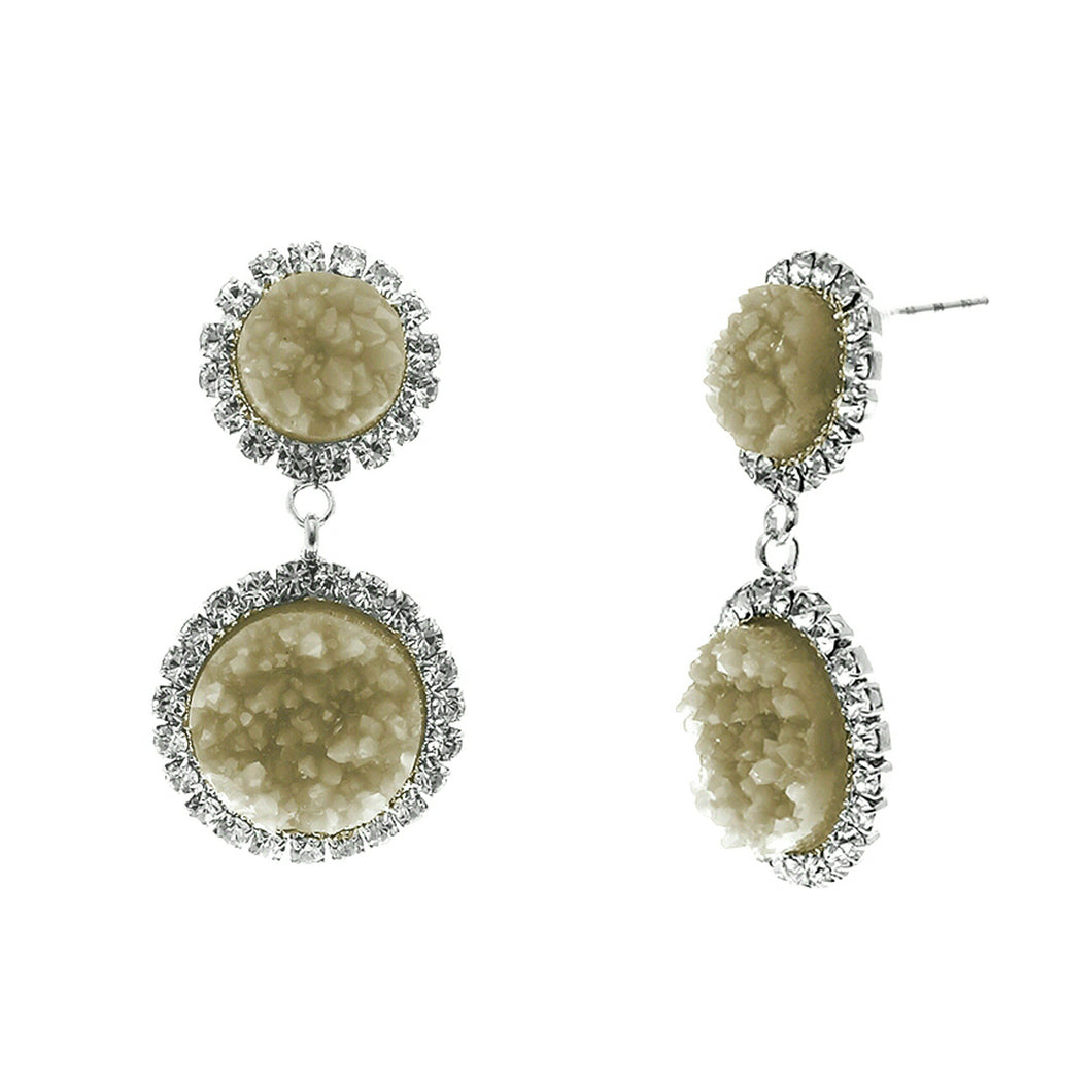 Dusky Amber Faux Geode Stone And Clear Crystal Accented Two Tiered Silver Tone Post Setting Fashion Earrings