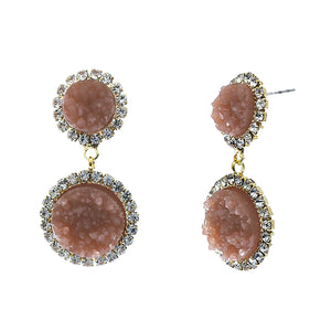 Dusty Rose Faux Geode Stone And Clear Crystal Accented Two Tiered Gold Tone Post Setting Fashion Earrings