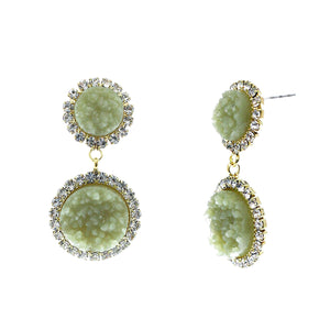 Jade Green Faux Geode Stone And Clear Crystal Accented Two Tiered Gold Tone Post Setting Fashion Earrings
