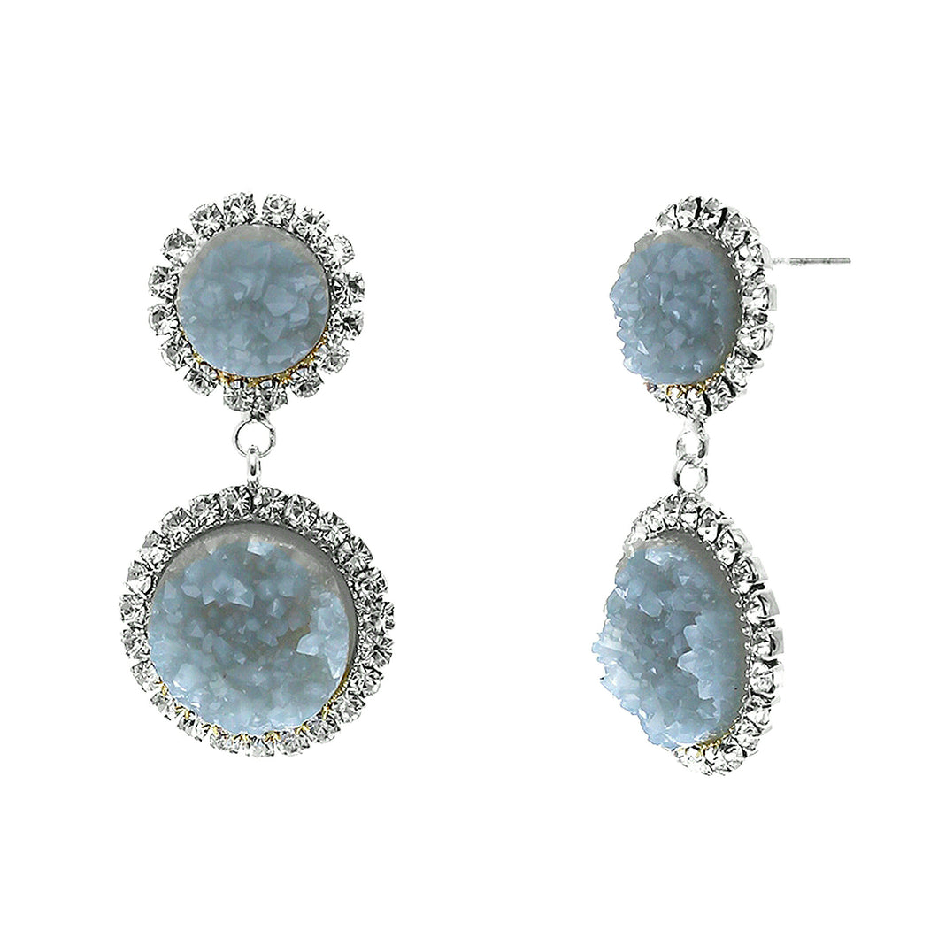 Slate Blue Faux Geode Stone And Clear Crystal Accented Two Tiered Silver Tone Post Setting Fashion Earrings