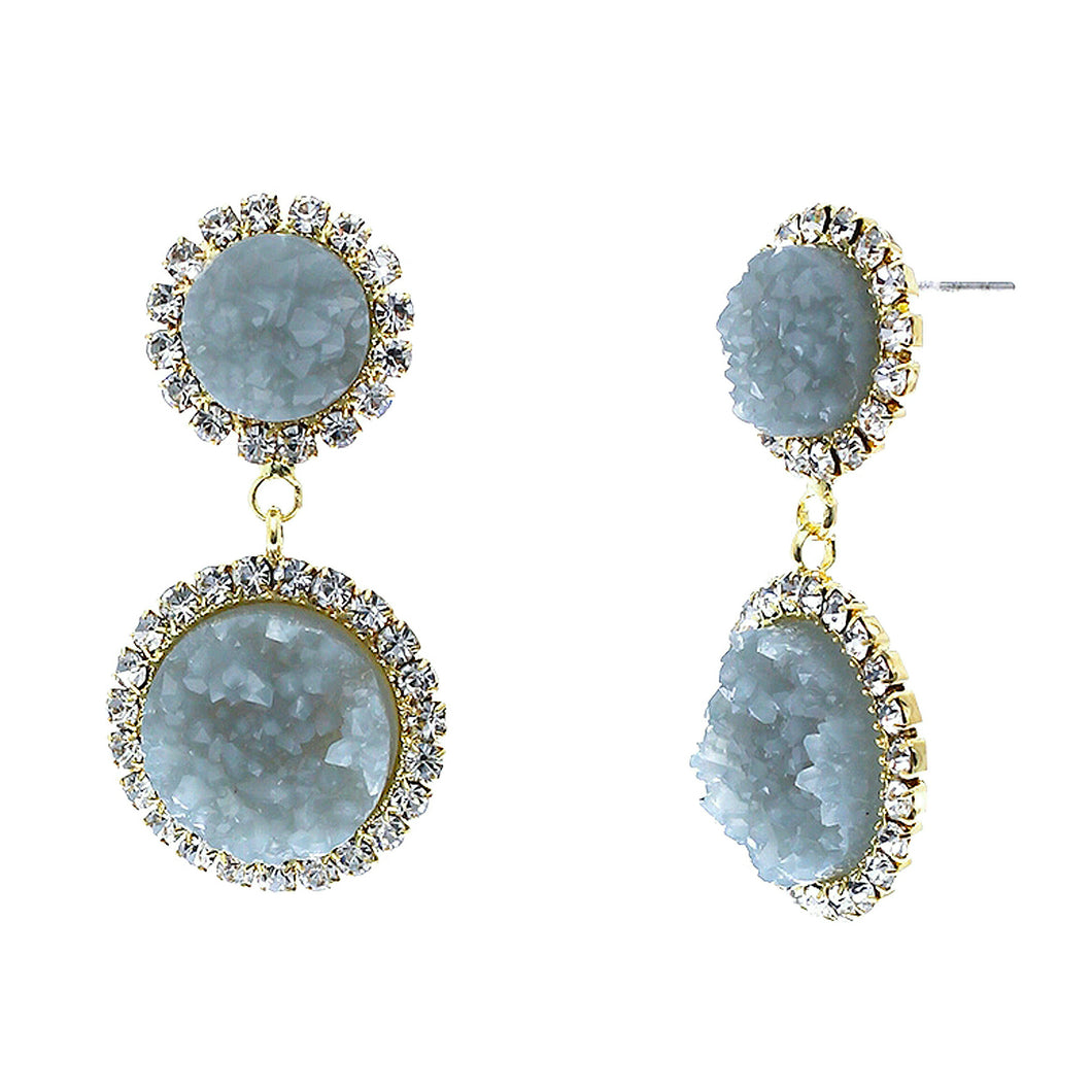 Slate Blue Faux Geode Stone And Clear Crystal Accented Two Tiered Gold Tone Post Setting Fashion Earrings