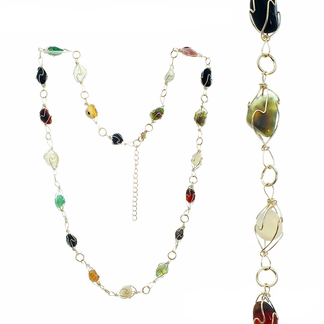 Adjustable Gold-tone Wire Necklace With Multiple Polished Jet, Jade, Amber, Topaz, Clear And White Stones In Settings