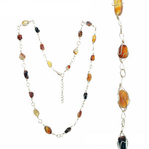 Adjustable Gold-tone Wire Necklace With Multiple Smooth Amber And Topaz Toned Stones In Gold-tone Wire Settings