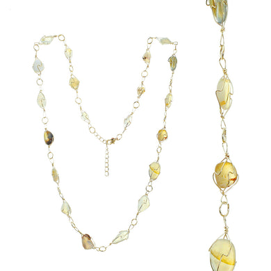 Adjustable Gold-tone Wire Necklace With Multiple Smooth Clear And Yellow Topaz Toned Stones In Gold-tone Wire Settings