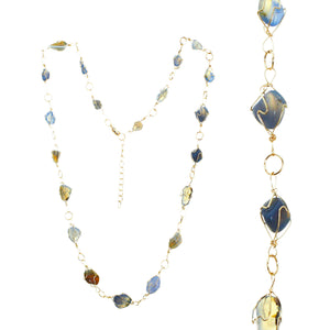 Adjustable Gold-tone Wire Necklace With Multiple Smooth Blue And Yellow Topaz Toned Stones In Gold-tone Wire Settings