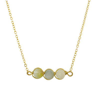 Gold Tone Chain Necklace With Three Round Jade And Earth Tone Marble Toned Stones In Wire Pendant