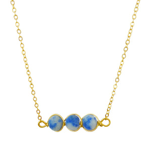 Gold Tone Chain Necklace With Three Round White And Blue Marble Toned Stones In Wire Pendant